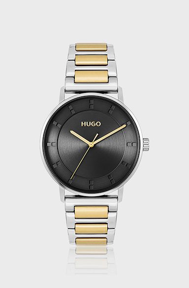Black-dial watch with two-tone link bracelet, Gold