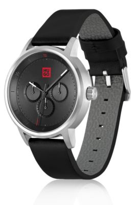 Leather-strap watch with stacked logos, Black