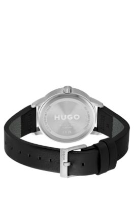 Leather-strap watch with stacked logos, Black