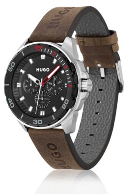 Black-dial watch with brown logo-embossed strap, Dark Brown