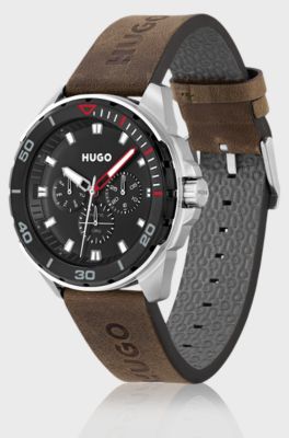 Black-dial watch with brown logo-embossed strap, Dark Brown