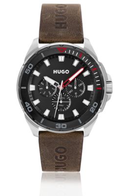 HUGO BLACK-DIAL WATCH WITH BROWN LOGO-EMBOSSED STRAP MEN'S WATCHES