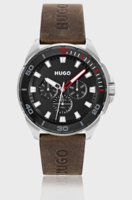 Black-dial watch with brown logo-embossed strap, Dark Brown