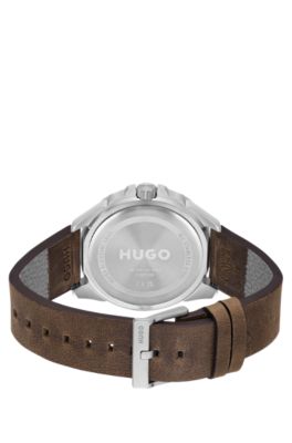Black-dial watch with brown logo-embossed strap, Dark Brown