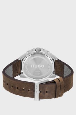 Black-dial watch with brown logo-embossed strap, Dark Brown