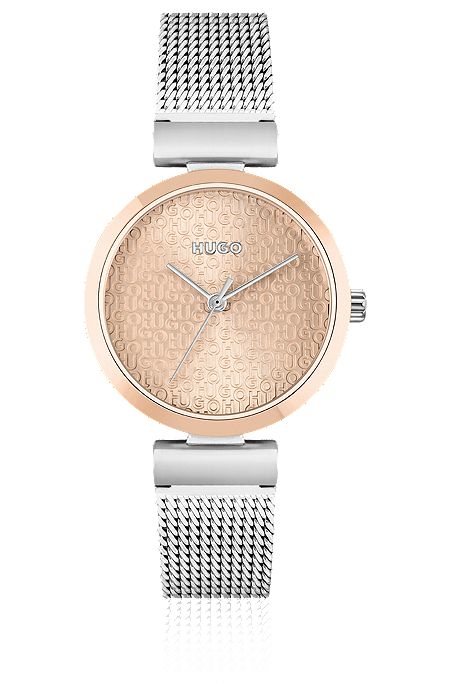 Horloge met tweedelige logo’s op wijzerplaat en polsband in meshstructuur, Zilver