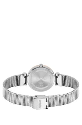 Mesh-bracelet watch with stacked-logo dial, Silver
