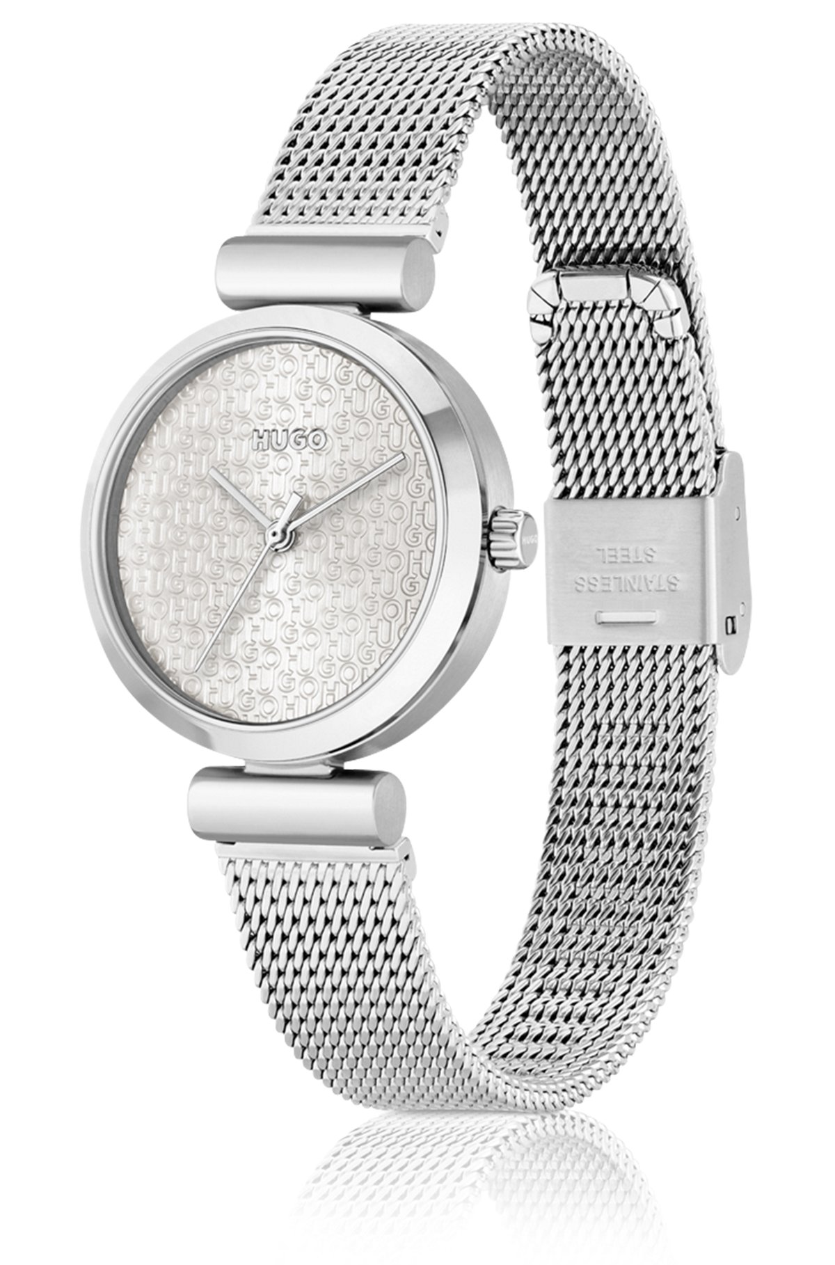 Mesh-bracelet watch with stacked-logo dial, Silver
