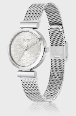 Mesh-bracelet watch with stacked-logo dial, Silver