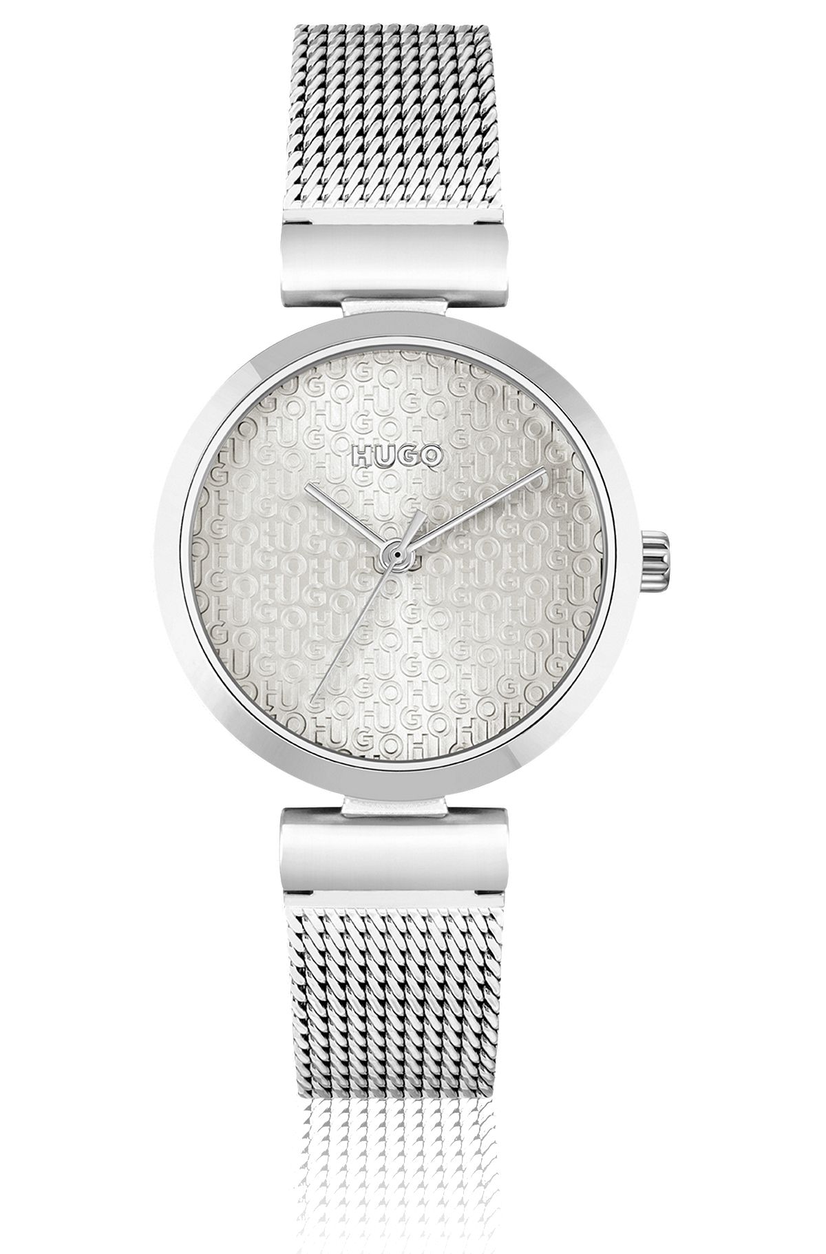 Uhr mit Mesh-Armband und Stack-Logo auf dem Zifferblatt, Silber