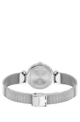 Reloj con pulsera de malla y esfera con logo de nueva temporada, Plata