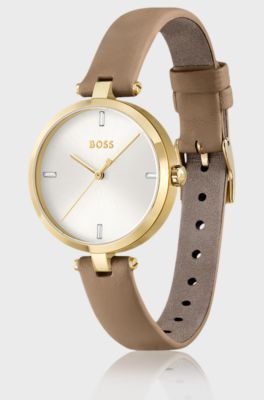 Leather-strap watch with gold-tone case, Light Brown