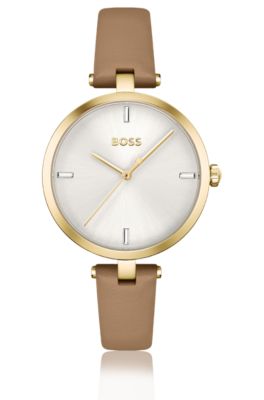 Leather-strap watch with gold-tone case, Light Brown