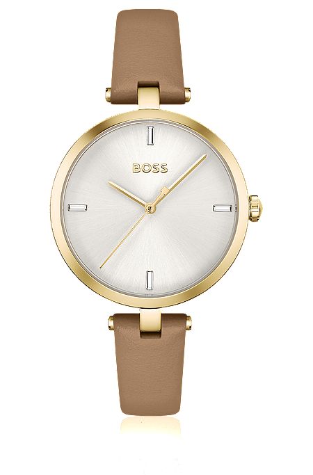 Leather-strap watch with gold-tone case, Light Brown