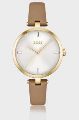 Leather-strap watch with gold-tone case, Light Brown