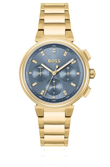 Gold-tone watch with crystal hour markers, Gold