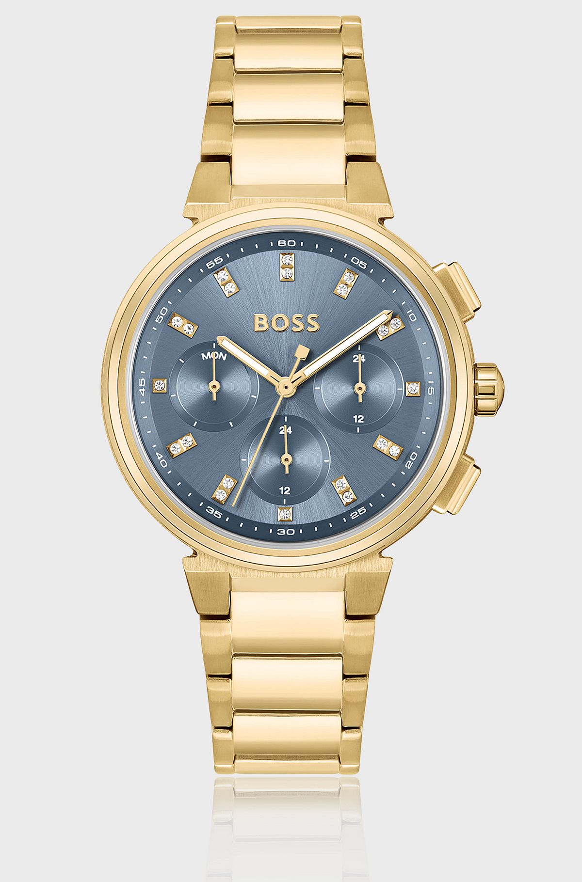 Gold-tone watch with crystal hour markers, Gold