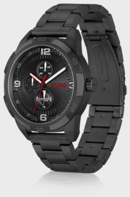 Black-plated watch with link bracelet, Black