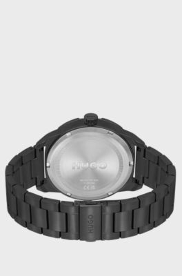 Black-plated watch with link bracelet, Black