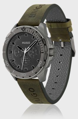 Grey-plated watch with logo-embossed leather strap, Dark Green
