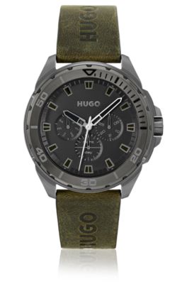Grey-plated watch with logo-embossed leather strap, Dark Green