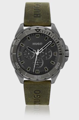 Grey-plated watch with logo-embossed leather strap, Dark Green