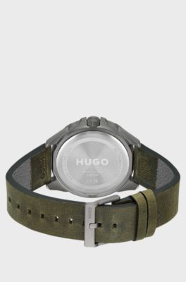 Grey-plated watch with logo-embossed leather strap, Dark Green