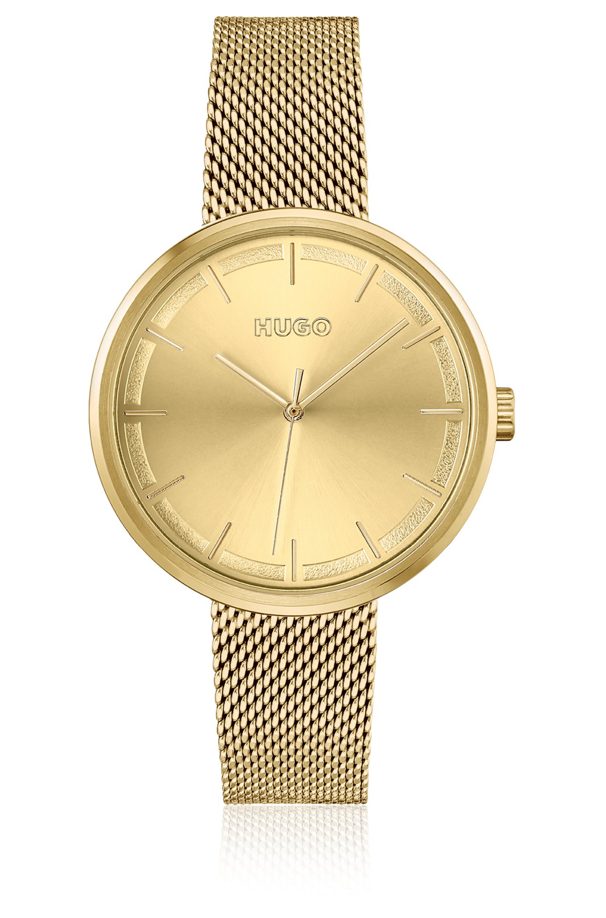 Horloge met goudkleurige wijzerplaat en polsband in meshstructuur, Assorted-Pre-Pack