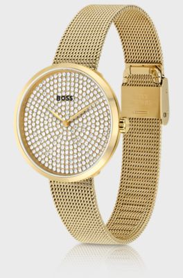 Gold-effect watch with crystal-studded dial, Gold