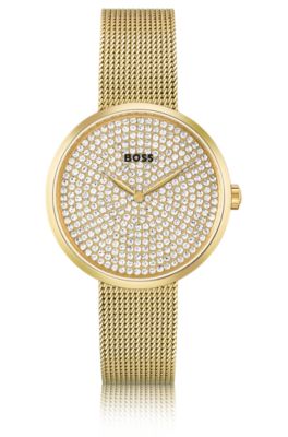 Gold-effect watch with crystal-studded dial, Gold