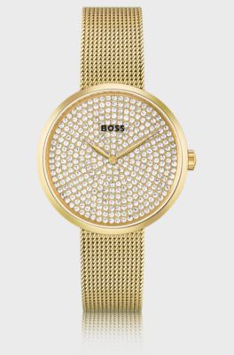 Gold-effect watch with crystal-studded dial, Gold