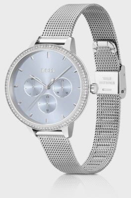 Blue-dial watch with crystal-set bezel, Silver