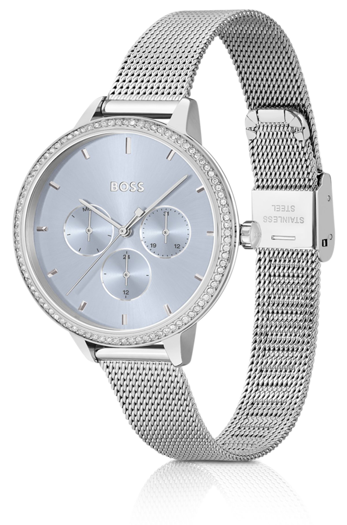 Blue-dial watch with crystal-set bezel, Silver