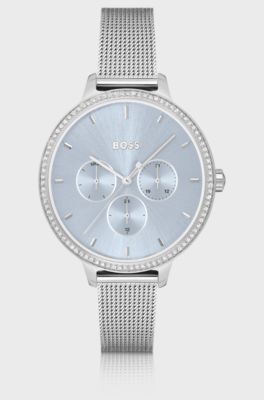 Blue-dial watch with crystal-set bezel, Silver