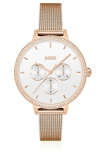 Gold-effect watch with crystal-set bezel, Gold