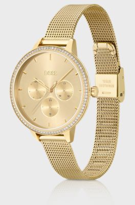 Gold-effect watch with crystal-set bezel, Gold