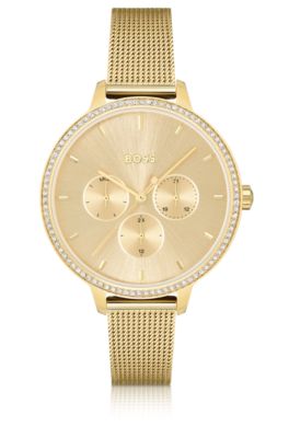 Gold-effect watch with crystal-set bezel, Gold