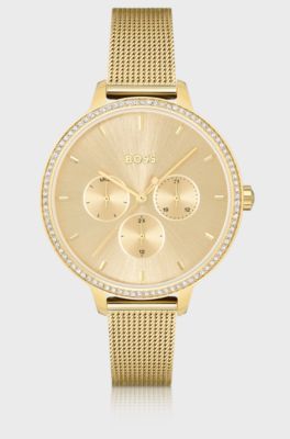 Gold-effect watch with crystal-set bezel, Gold