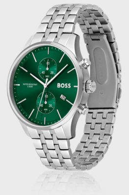 Link-bracelet chronograph watch with green dial, Silver