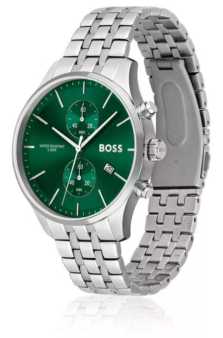 Link-bracelet chronograph watch with green dial