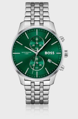 Link-bracelet chronograph watch with green dial, Silver