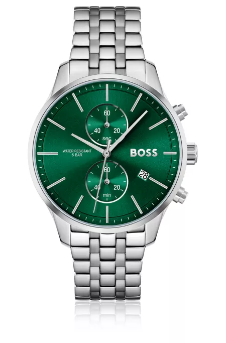 Link-bracelet chronograph watch with green dial