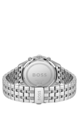 Link-bracelet chronograph watch with green dial, Silver