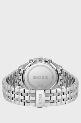 Link-bracelet chronograph watch with green dial, Silver