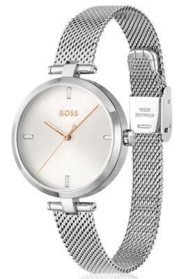 Mesh-bracelet watch with crystal indexes, Silver