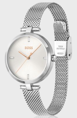 Mesh-bracelet watch with crystal indexes, Silver