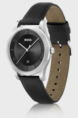 Klocka med svart urtavla och l&auml;derrem, Silver