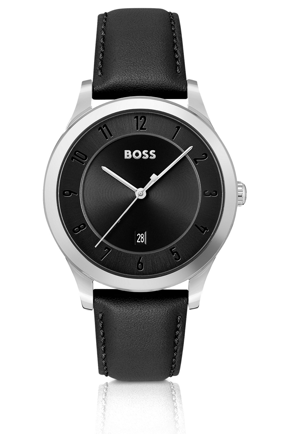Leather-strap watch with black dial, Silver