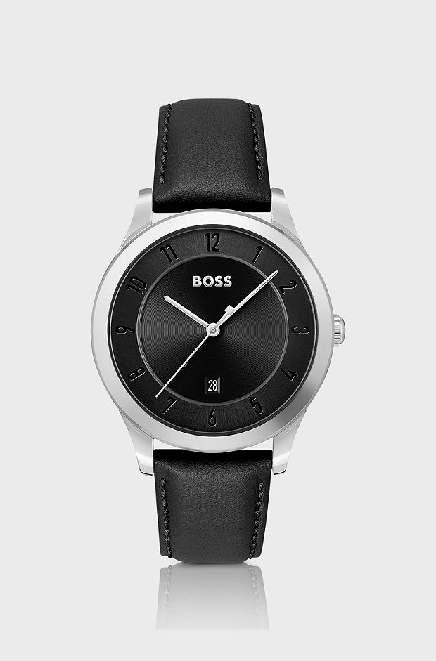 Leather-strap watch with black dial, Silver