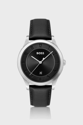 Klocka med svart urtavla och l&auml;derrem, Silver